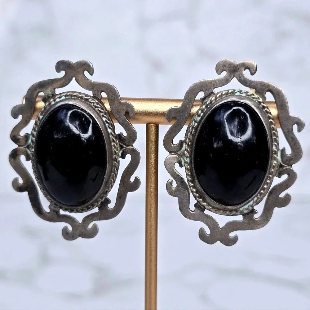 Vintage Taxco Mexico 925 Sterling Silver Black Onyx Post Earrings 23.8g TB-157